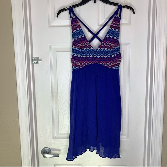 Dina Be Royal Blue Aztec Dress Adj. Cross Strap Beach/Casual Women's Sz Small - Picture 1 of 12